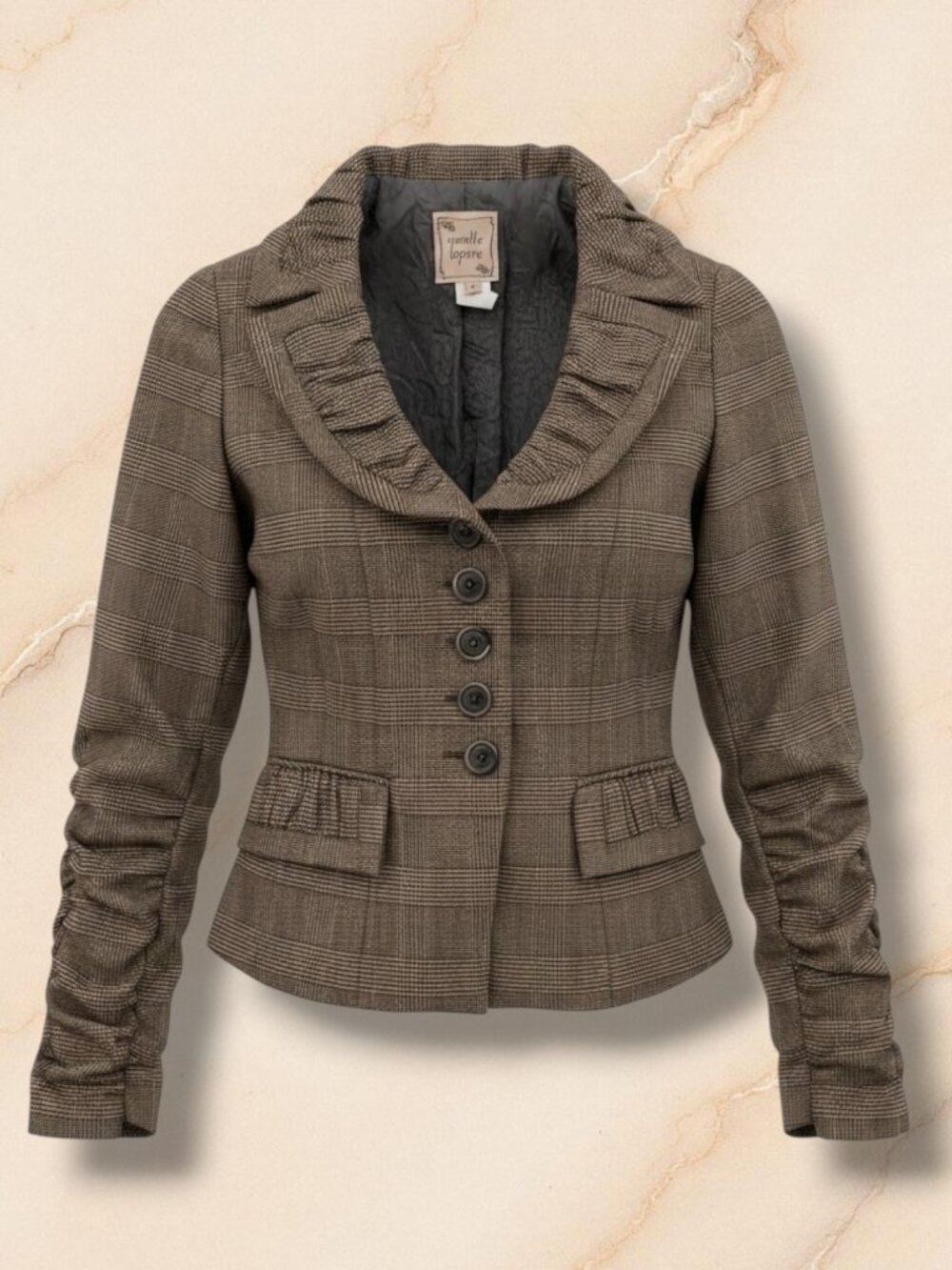 Nanette Lepore Brown Tweed Ruched Silk-Lined Blazer 2